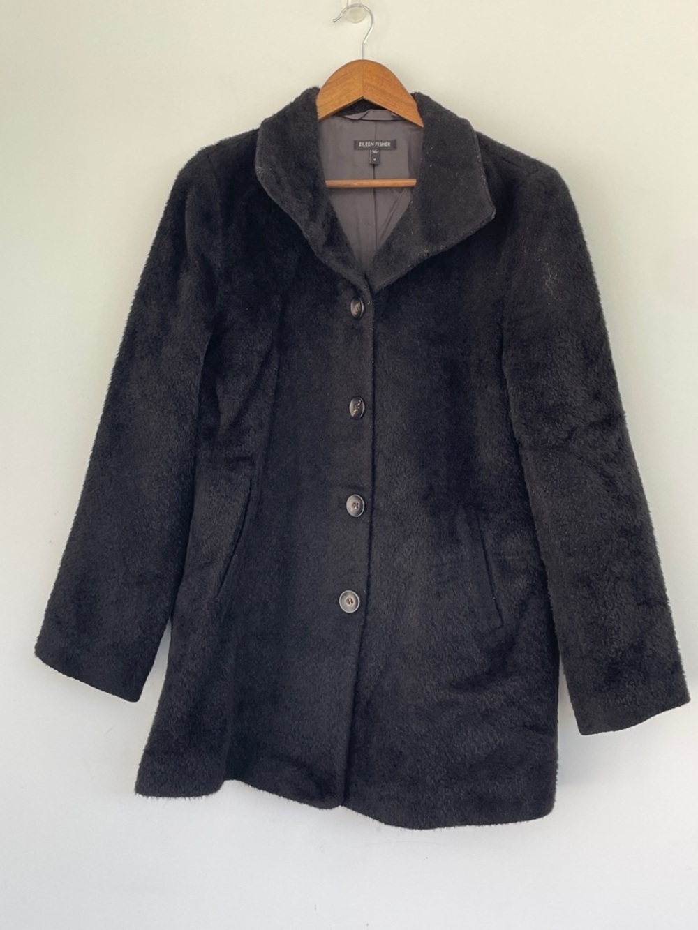 Eileen Fisher Women Black Plush Faux-Fur Button Jacket Small